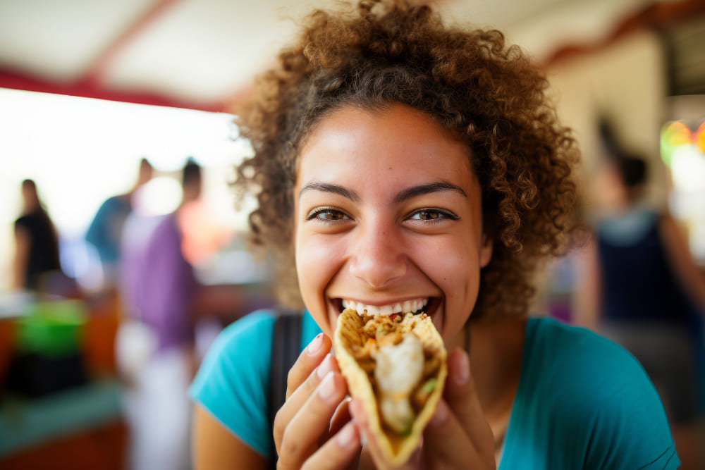 persona migrante comiendo pupusas
