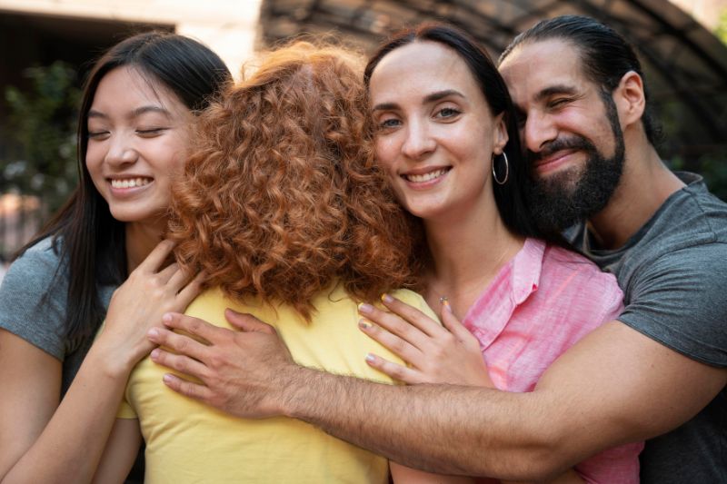 grupo de amigos abrazandose