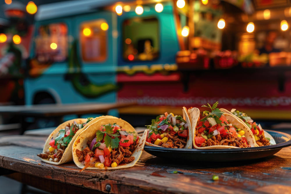 tacos en puesto callejero con cebolla y cilantro